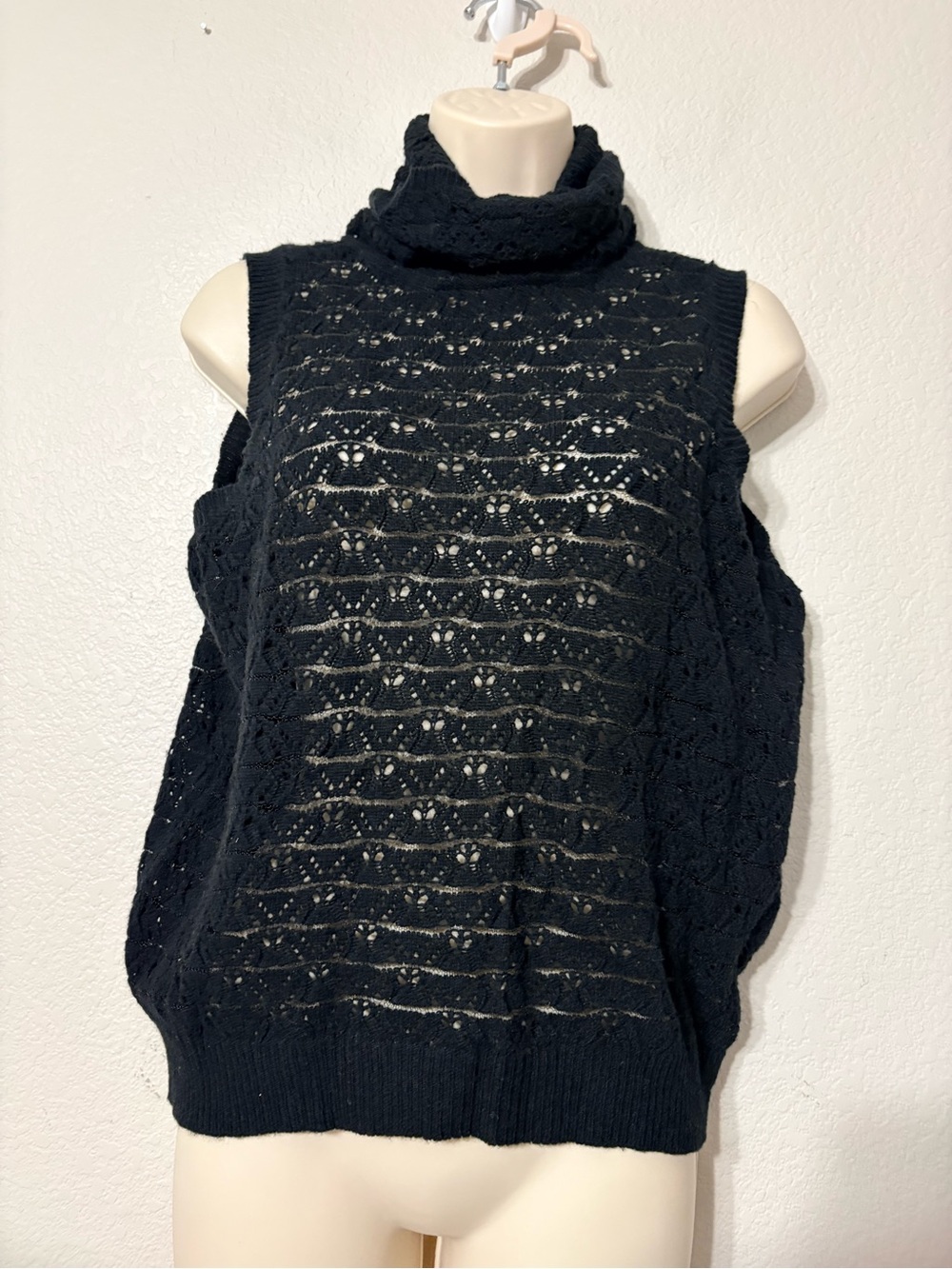 Parker Sleeveless Layering Black Open-Knit Cowl Neck Sweater Wool Cotton Blend M